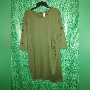 NY Collection Woman Green Dress 3/4 Sleeve Gathered Side Zip Everyday Work